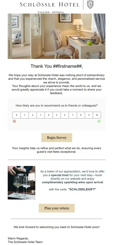 schlosse hotel post stay email template